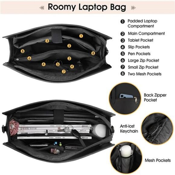 Laptop Bag for Women 15.6 Inch Laptop Tote Bag Waterproof Leather, Black - Picture 6 of 6